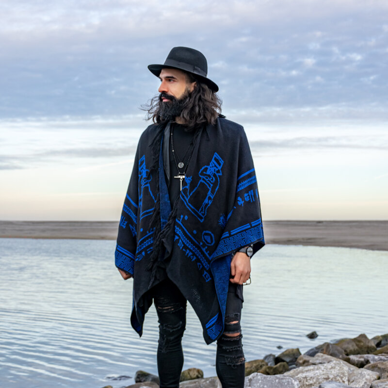 black blue poncho, the gardens of babylon merch, bohemian style outfit, festival clothing, outerwear