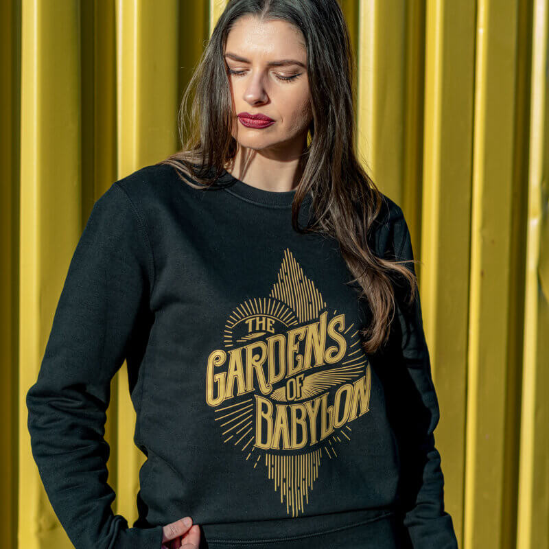 The gardens of babylon black sweater, black sweater with gold logo, gold TGOB logo