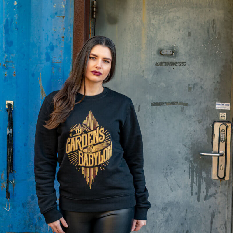The gardens of babylon sweater in black, black sweater with gold TGOB logo, gold logo sweater